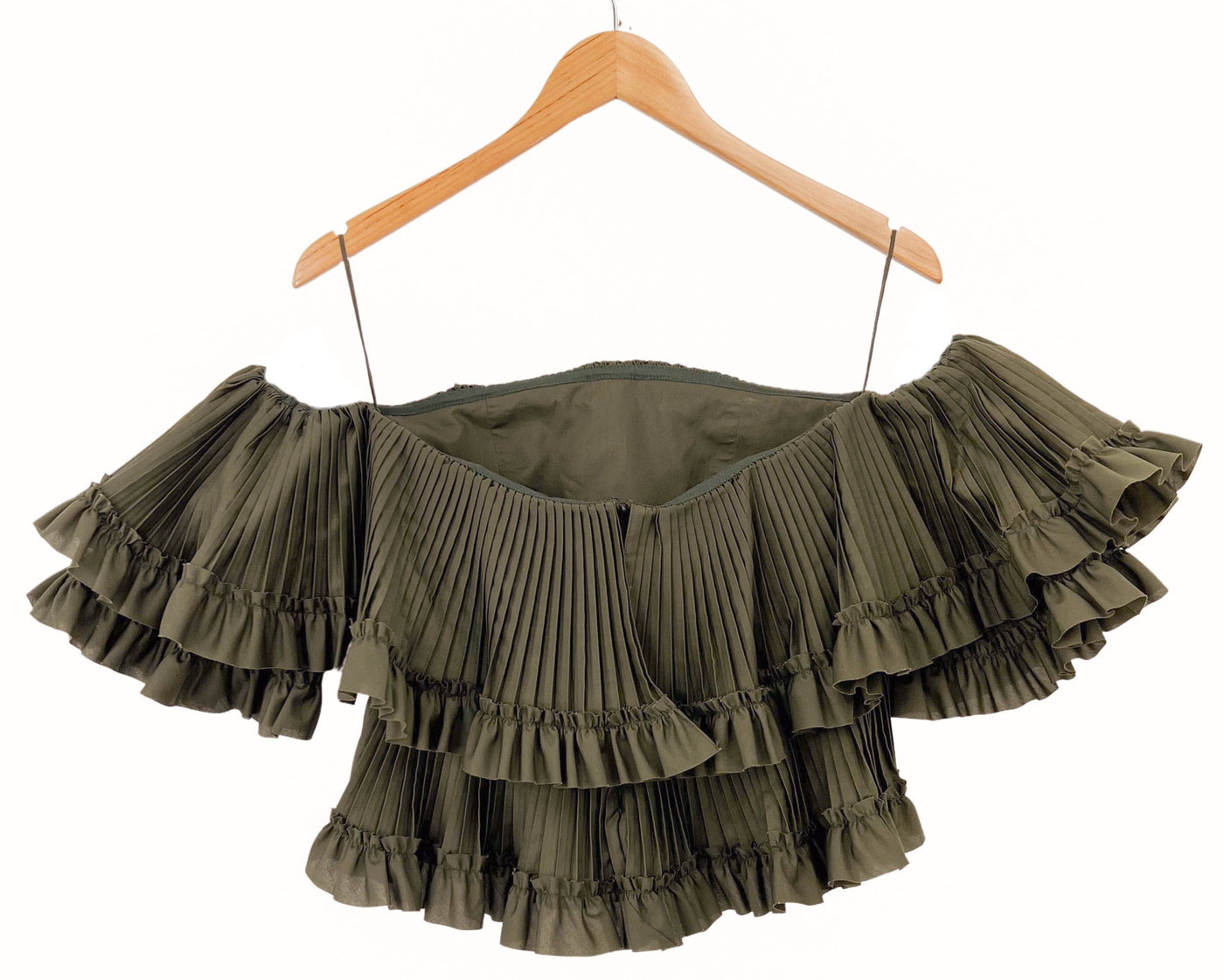Brandon Maxwell Off The Shoulder Pleated Crop Top in Olive - Discounts on Brandon Maxwell at UAL
