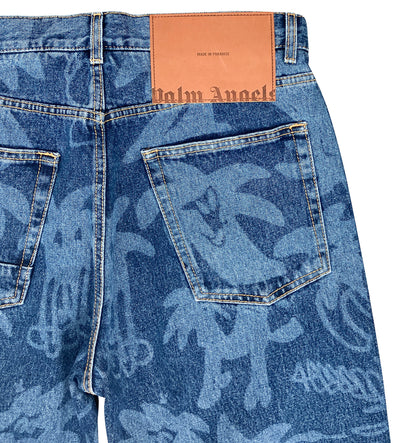 Palm Angels Palmity Palm Tree-Print Denim in Blue - Discounts on Palm Angels at UAL