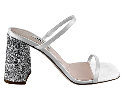 Miu Miu Sandals with Glitter Block Heels in White and Silver - Discounts on Miu Miu at UAL