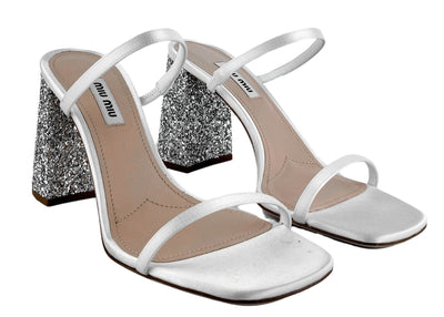 Miu Miu Sandals with Glitter Block Heels in White and Silver - Discounts on Miu Miu at UAL