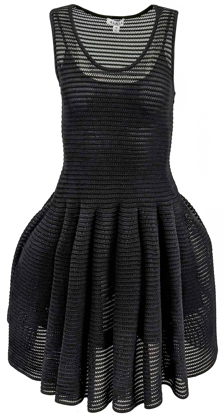 Alaia Pointelle Knit Godet Dress in Black