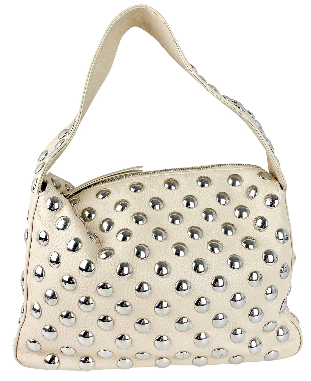 Khaite Studded Leather Shoulder Bag in Cream and Silver