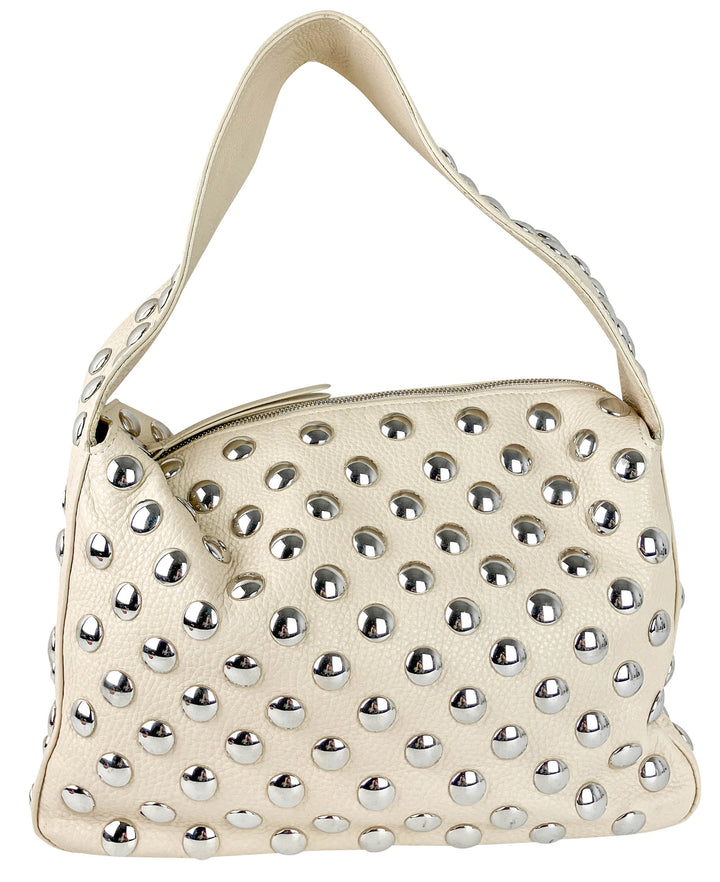 Khaite Studded Leather Shoulder Bag in Cream and Silver