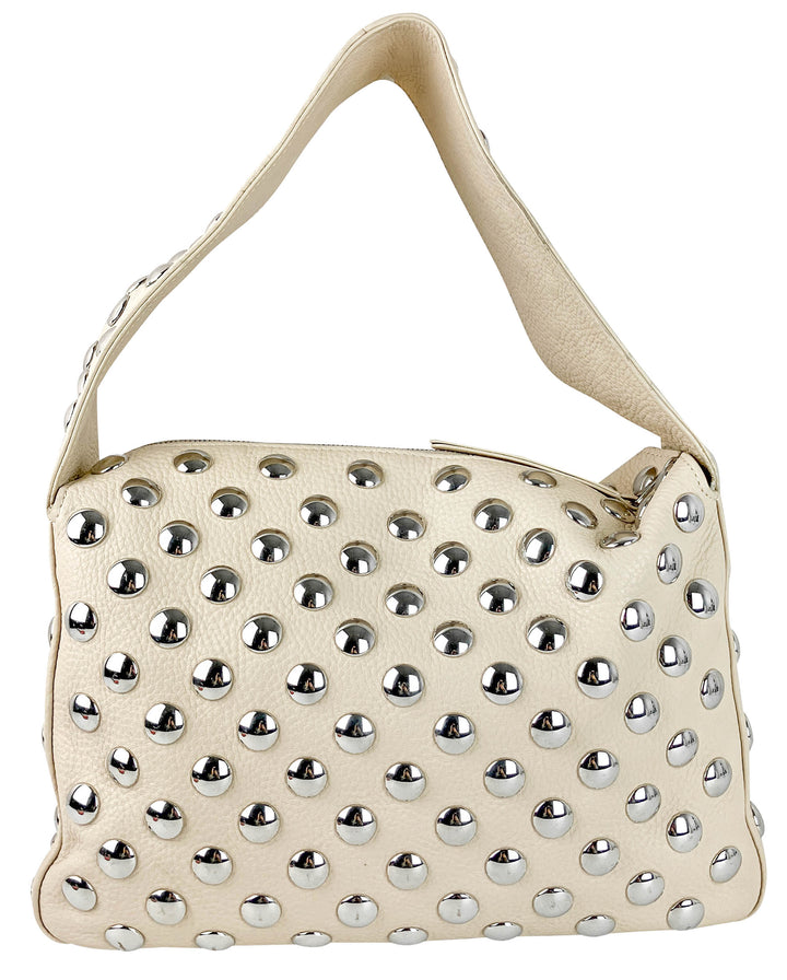 Khaite Studded Leather Shoulder Bag in Cream and Silver