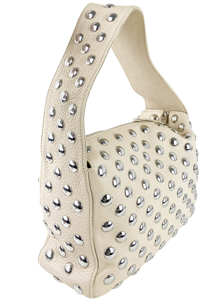 Khaite Studded Leather Shoulder Bag in Cream and Silver