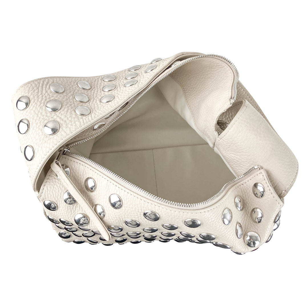 Khaite Studded Leather Shoulder Bag in Cream and Silver