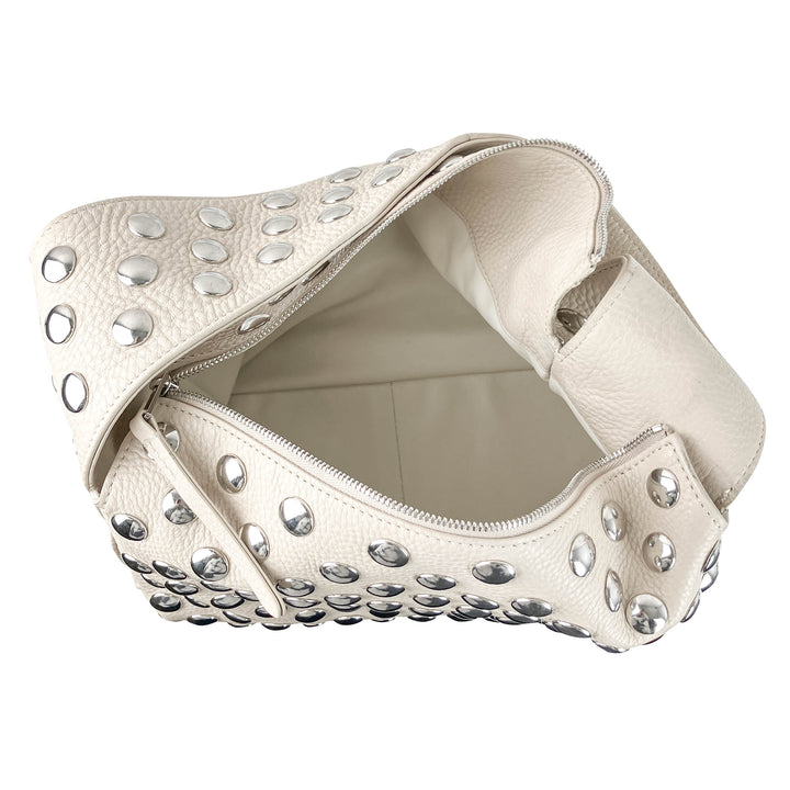 Khaite Studded Leather Shoulder Bag in Cream and Silver