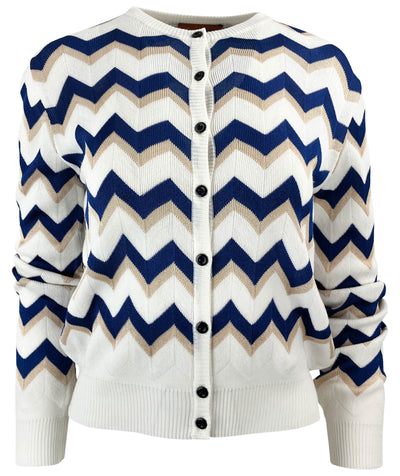 Missoni Chevron Print Cardigan in White, Navy and Tan - Discounts on Missoni at UAL