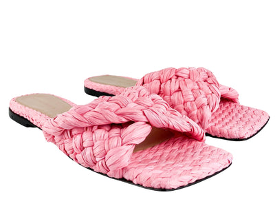 Bottega Veneta Braided Raffia Sandals in Blossom - Discounts on Bottega Veneta at UAL