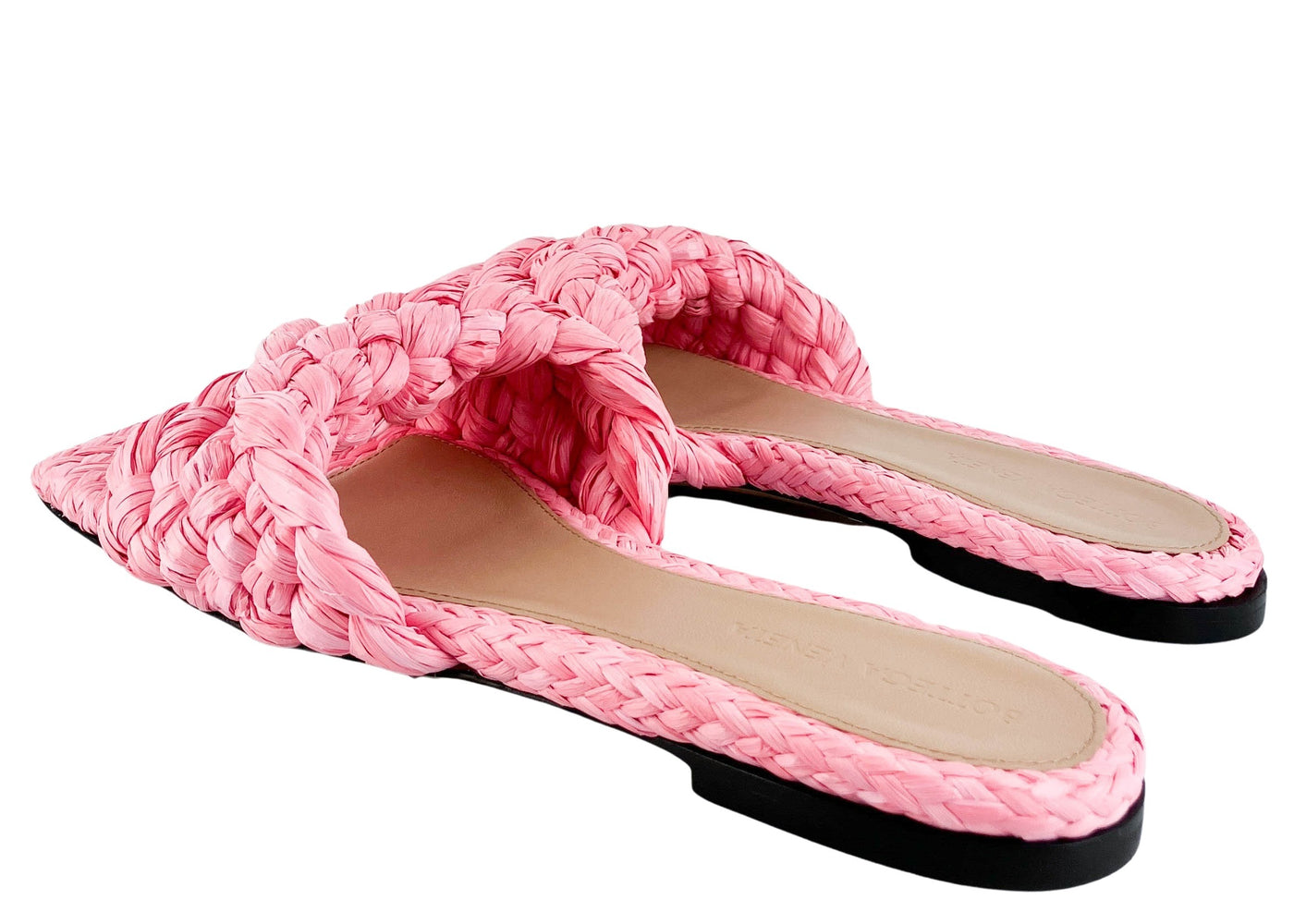 Bottega Veneta Braided Raffia Sandals in Blossom - Discounts on Bottega Veneta at UAL