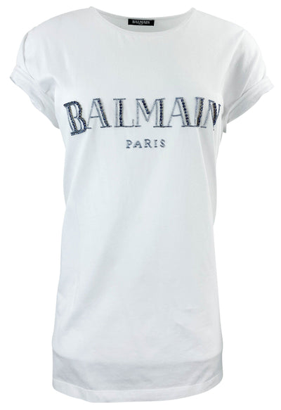 Balmain Embellished Logo Tee in White and Blue - Discounts on Balmain at UAL