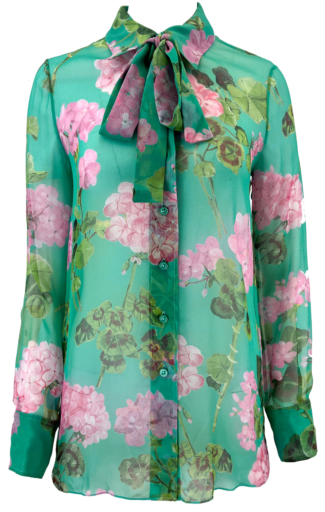 Oscar de la Renta Tie Neck Geranium Blouse in Teal - Discounts on Oscar de la Renta at UAL