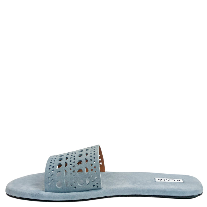 Alaïa Lasercut Suede Slide Sandals in Pastel Blue - Discounts on Alaïa at UAL