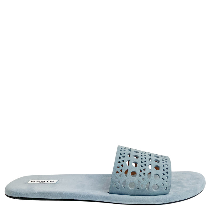 Alaïa Lasercut Suede Slide Sandals in Pastel Blue - Discounts on Alaïa at UAL