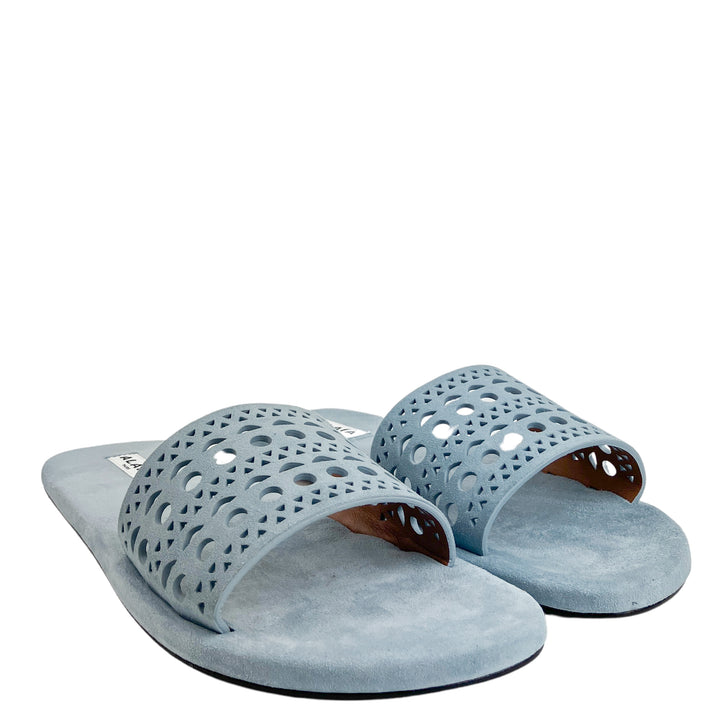 Alaïa Lasercut Suede Slide Sandals in Pastel Blue - Discounts on Alaïa at UAL