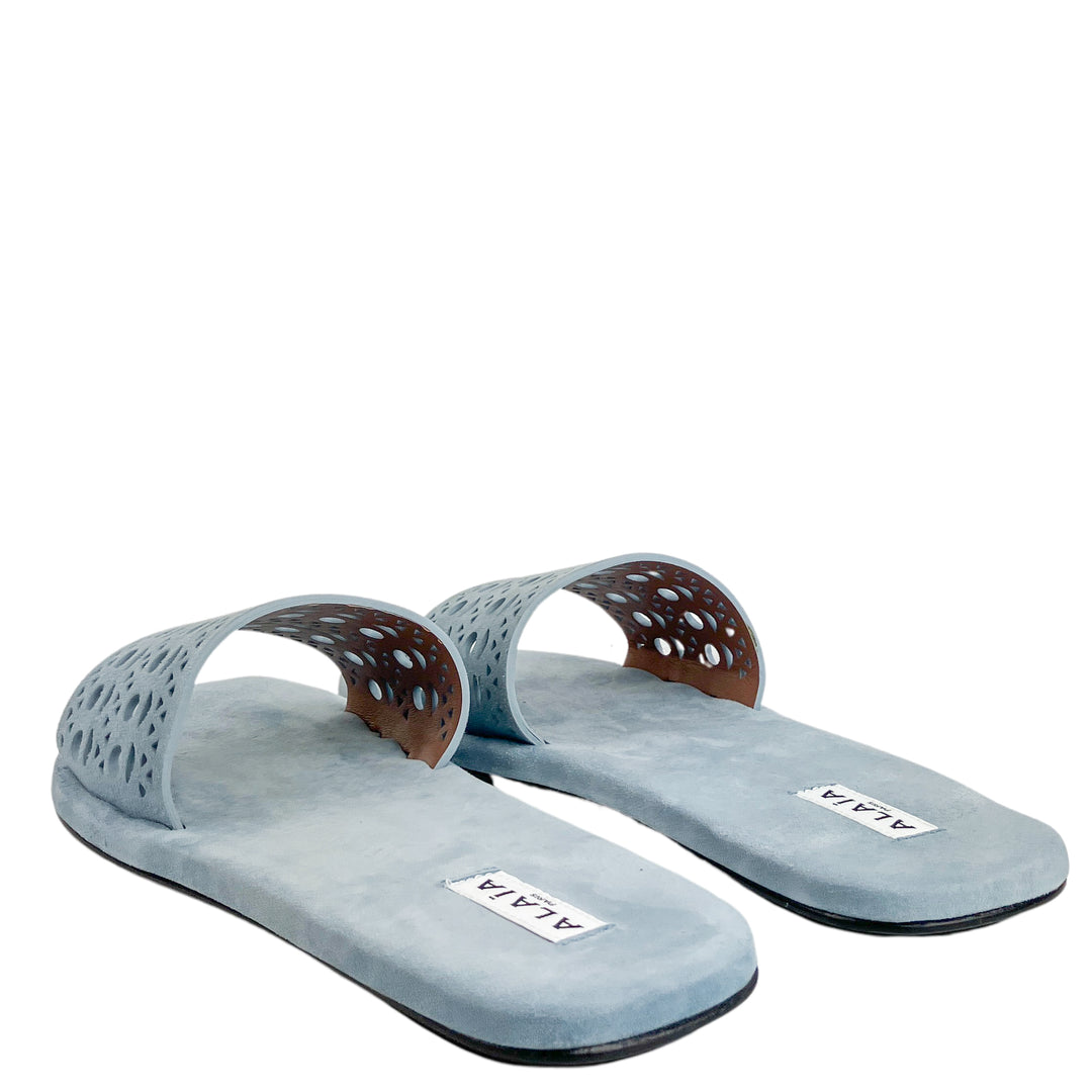 Alaïa Lasercut Suede Slide Sandals in Pastel Blue - Discounts on Alaïa at UAL