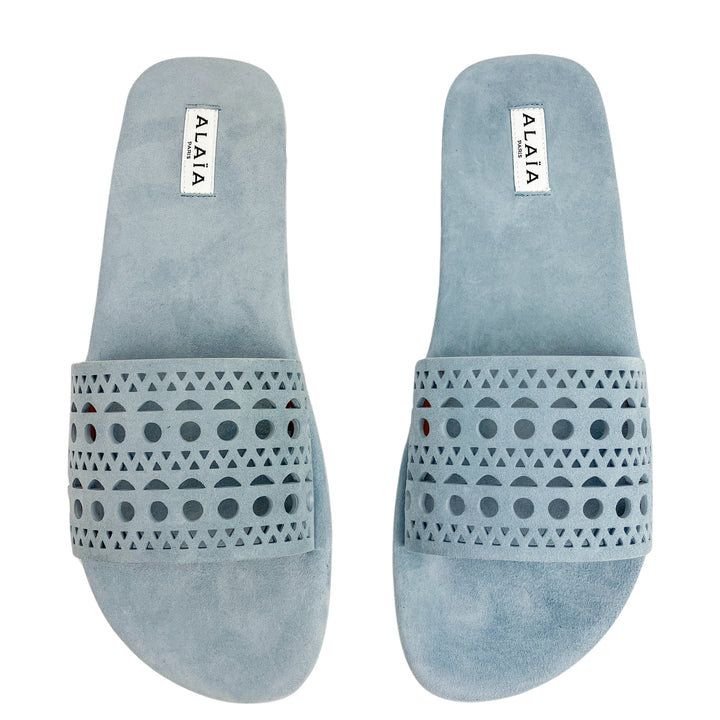 Alaïa Lasercut Suede Slide Sandals in Pastel Blue - Discounts on Alaïa at UAL