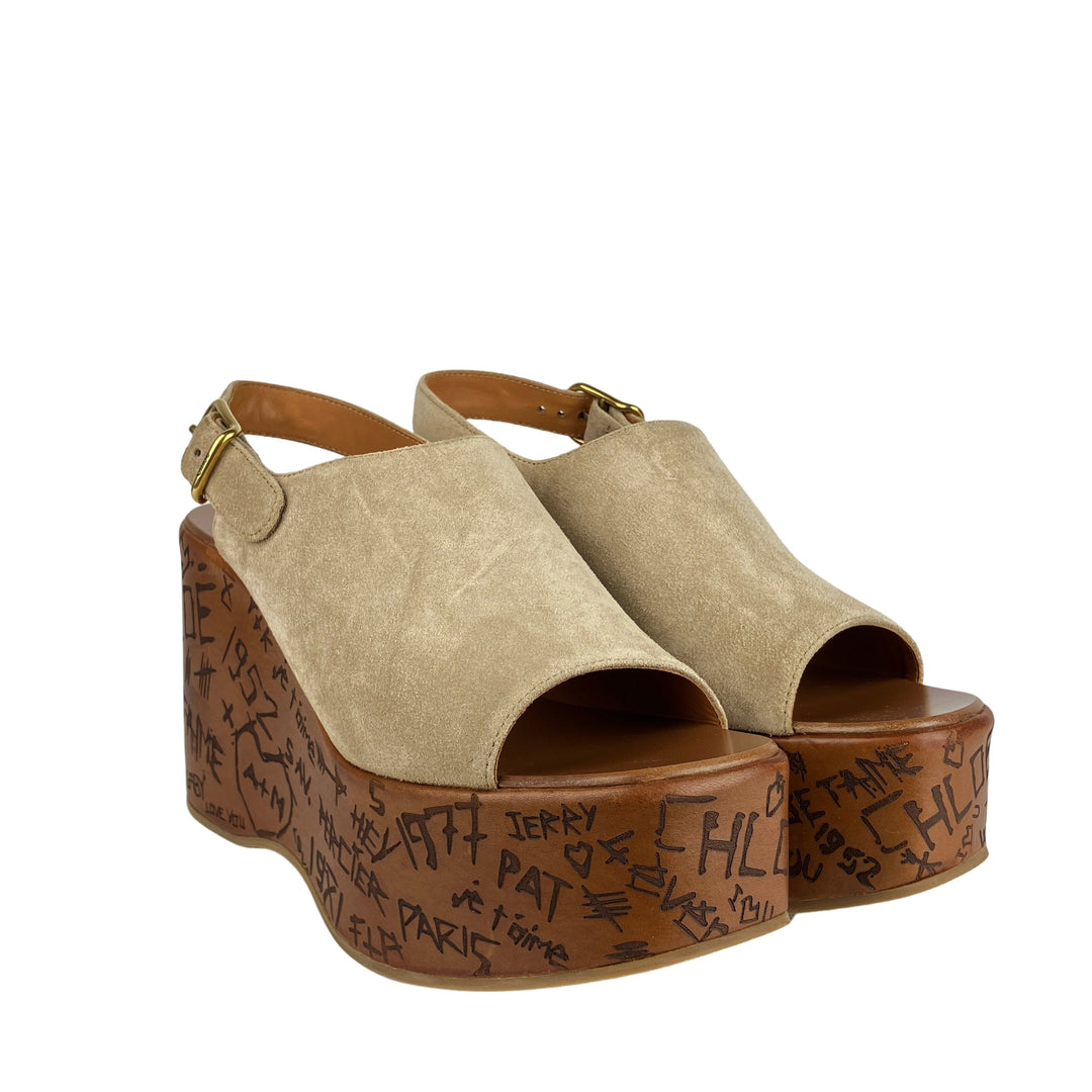 Chloé Maxime Wedge Sandals in Sandy Brown - Discounts on Chloé at UAL