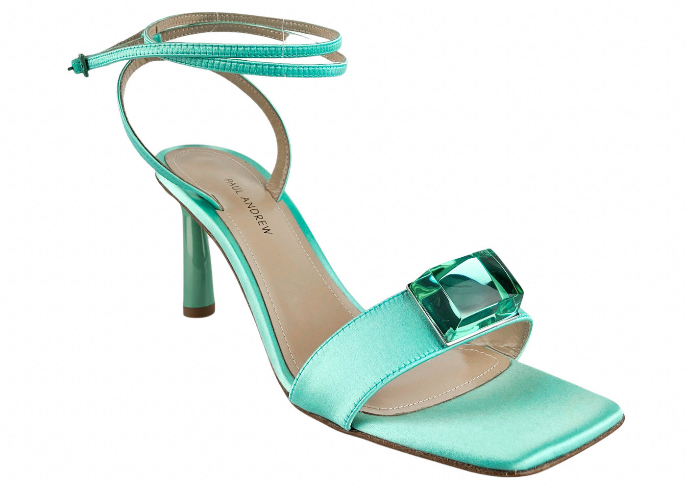 Paul Andrew Strappy Cube Satin Heels in Aqua - Discounts on Paul Andrew at UAL