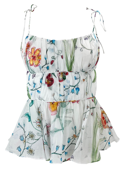 Rosie Assoulin Ruched Floral Print Tank Top in White Multi - Discounts on Rosie Assoulin at UAL