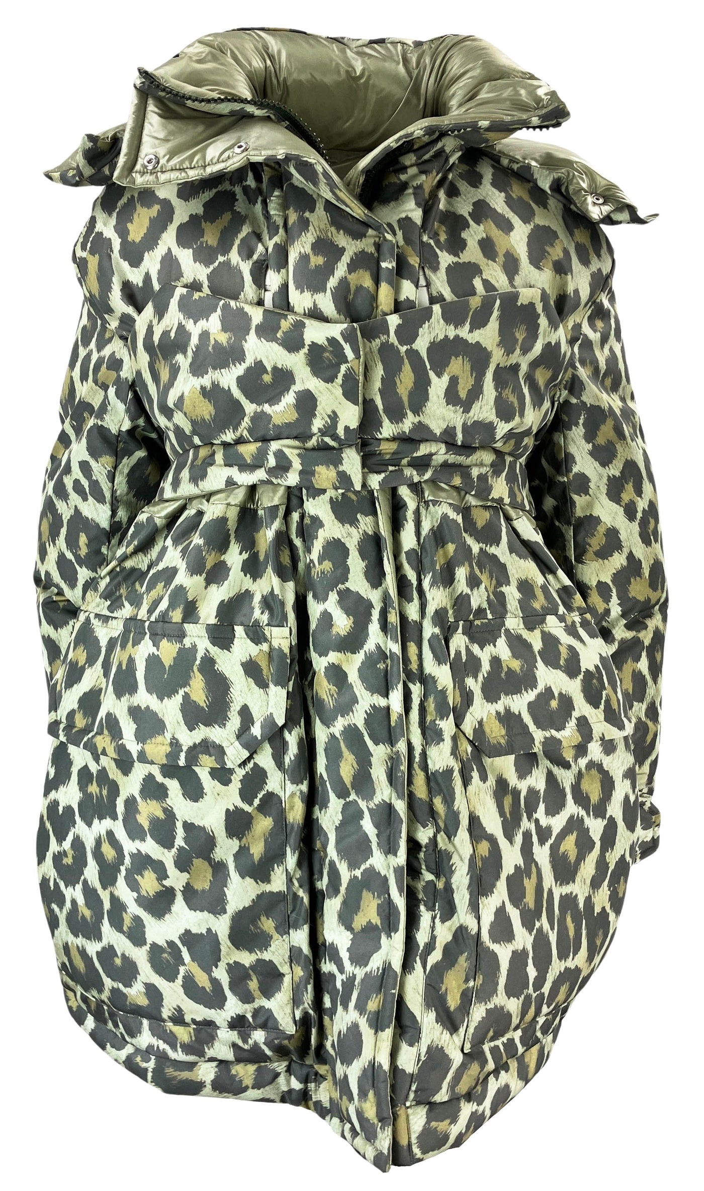 sacai Leopard Print Hooded Puffer Jacket in Green - Discounts on Sacai at UAL