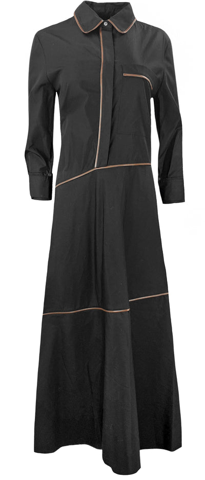 TWP Anne Leather Trim Midi Shirt Dress in Black - Discounts on TWP at UAL