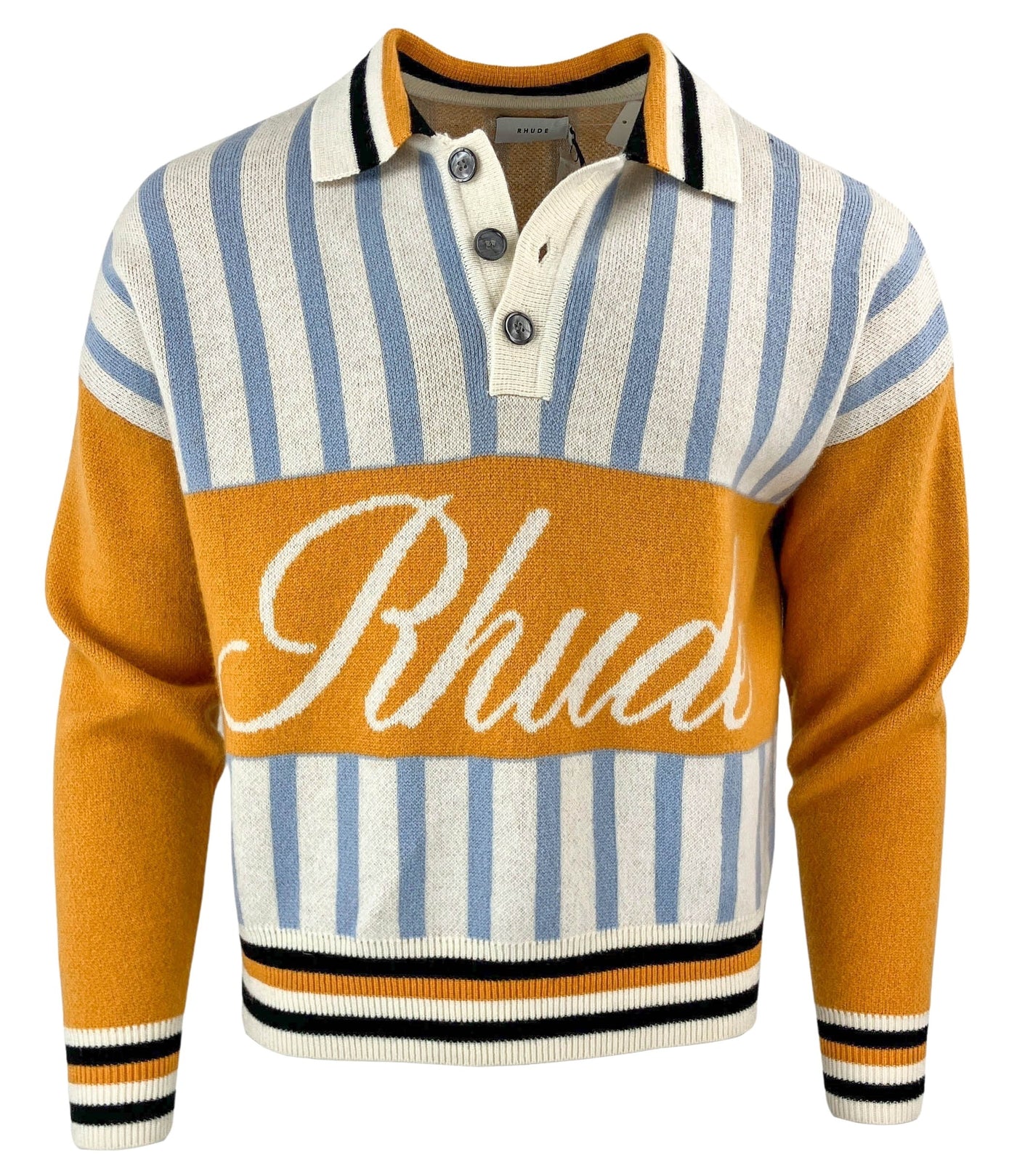 RHUDE Amber Knit Rugby Polo Shirt in Multi - Discounts on RHUDE at UAL