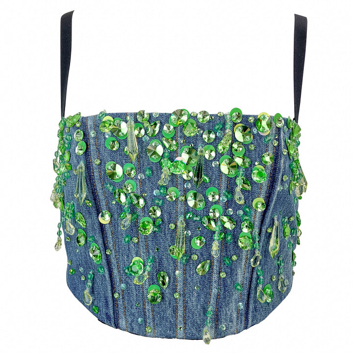 Miu Miu Embellished Denim Crop Top in Light Blue/Green