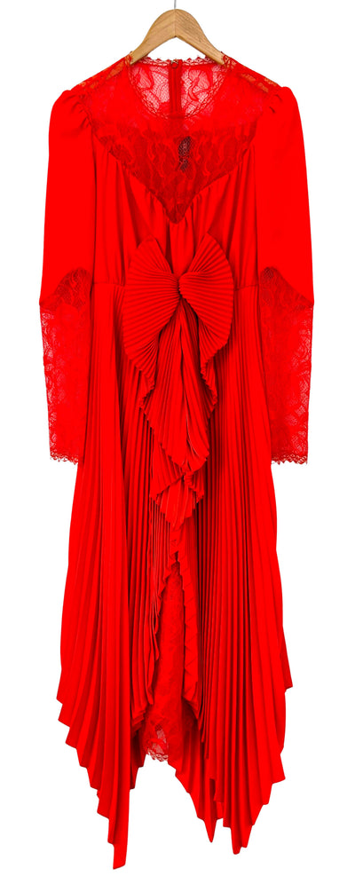 DEL CORE Long Sleeve Dress with Pleat and Lace Detail in Red - Discounts on DEL CORE at UAL