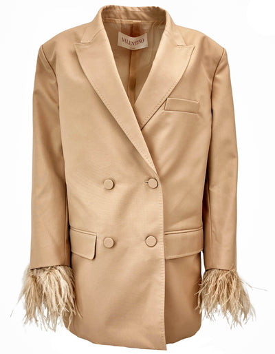 Valentino Double Breasted Blazer with Ostrich Feather Detail in Sand - Discounts on Valentino at UAL