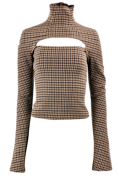A.W.A.K.E. MODE Flare Sleeve Top in Brown Plaid - Discounts on A.W.A.K.E. MODE at UAL