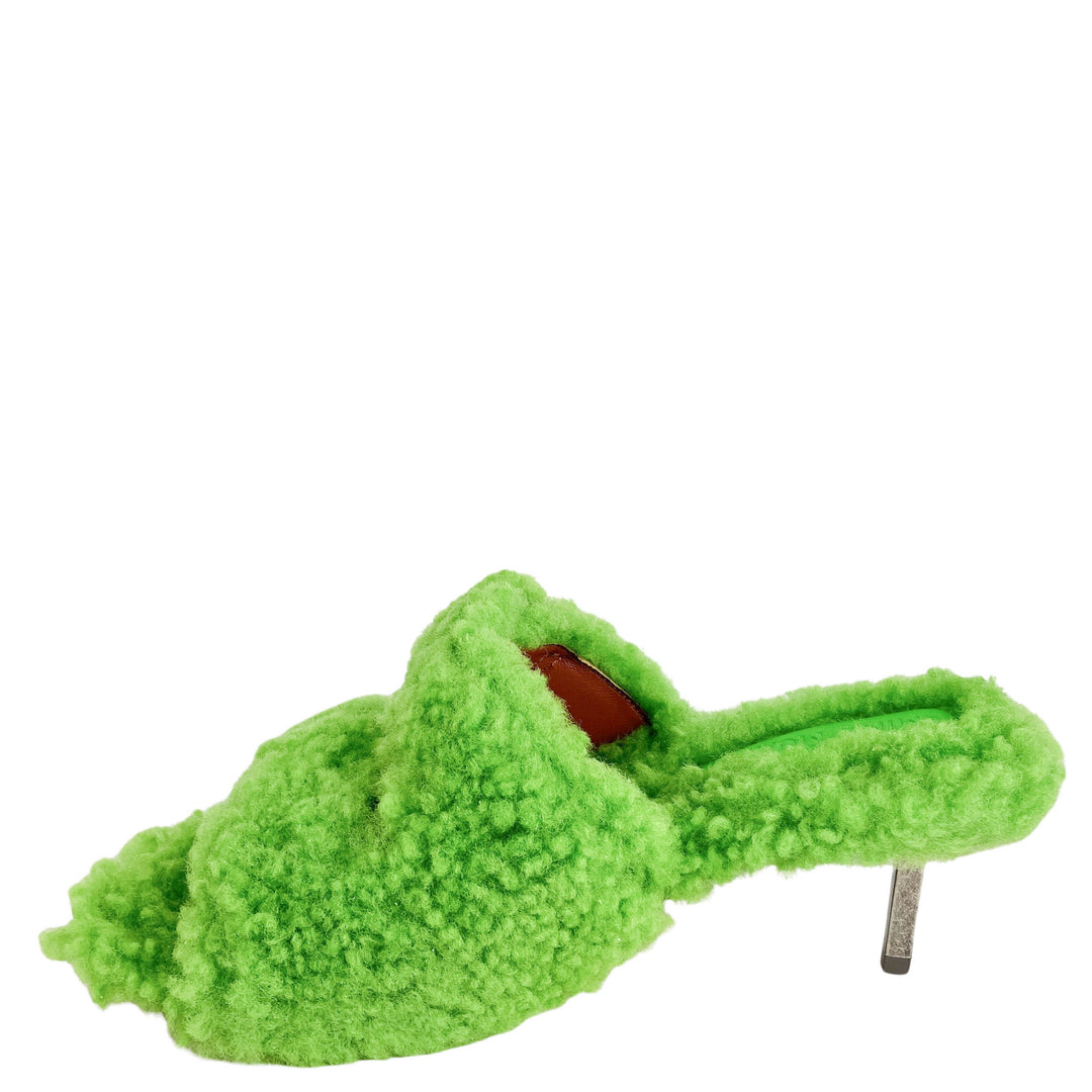 Amina Muaddi Millie Shearling Heels in Fluorescent Green - Discounts on Amina Muaddi at UAL