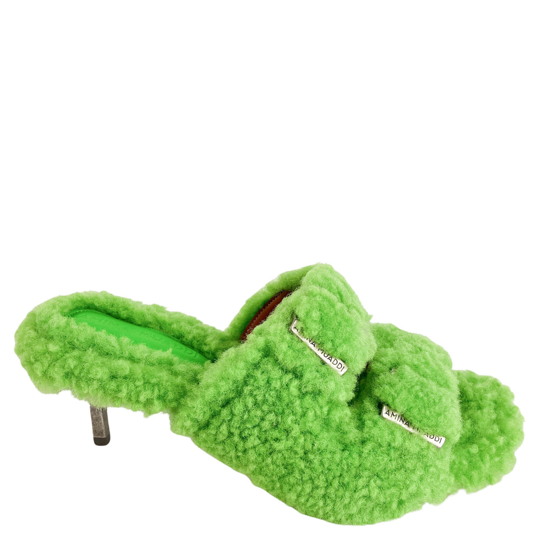 Amina Muaddi Millie Shearling Heels in Fluorescent Green - Discounts on Amina Muaddi at UAL