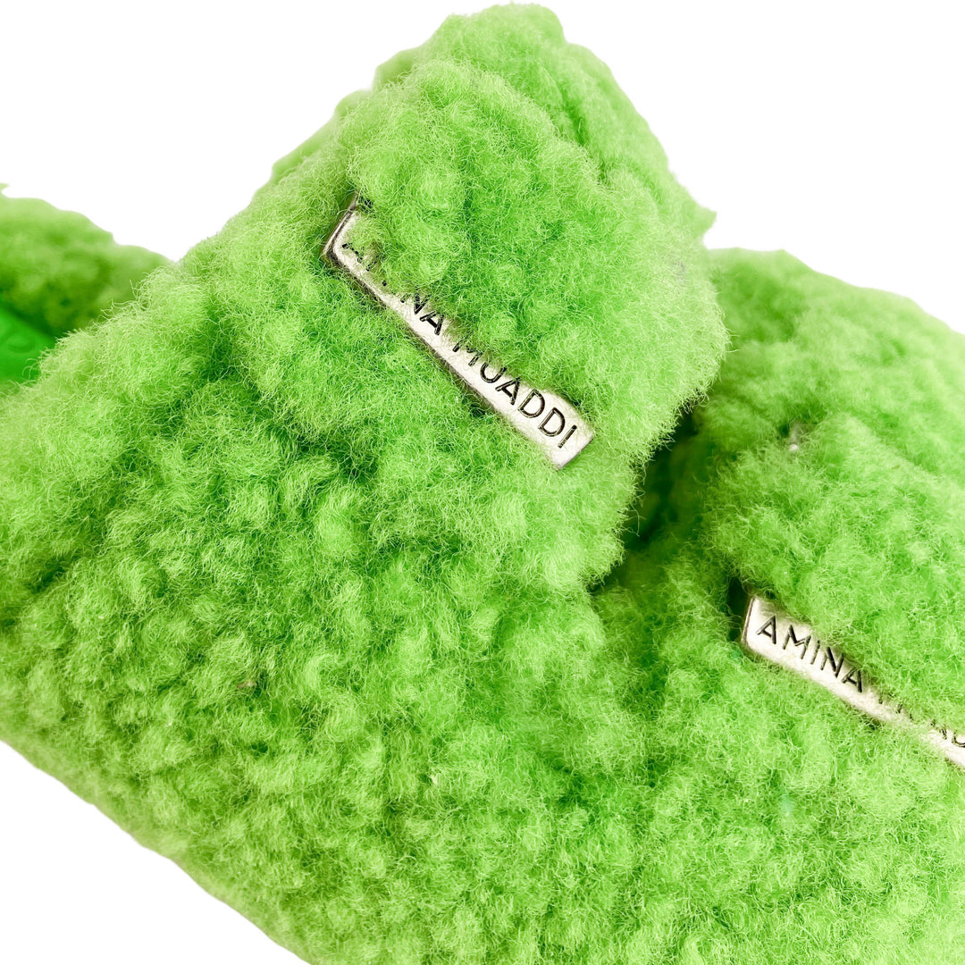 Amina Muaddi Millie Shearling Heels in Fluorescent Green - Discounts on Amina Muaddi at UAL