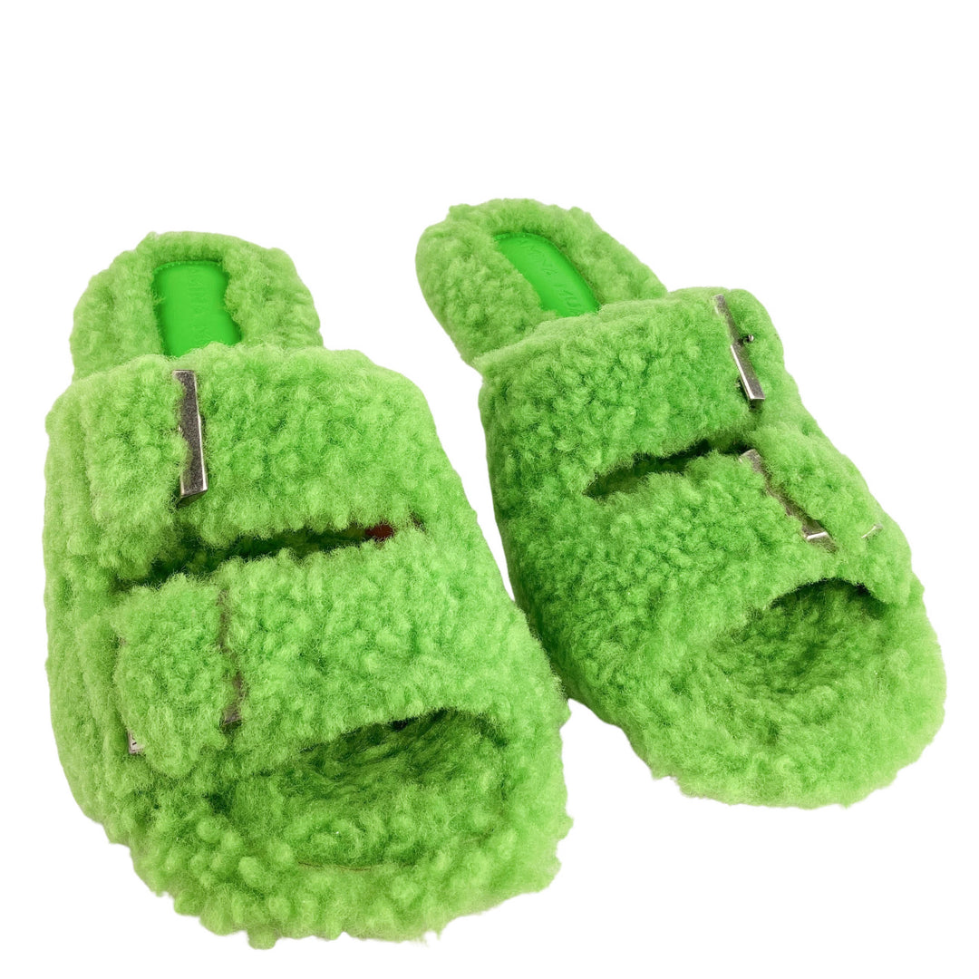 Amina Muaddi Millie Shearling Heels in Fluorescent Green - Discounts on Amina Muaddi at UAL