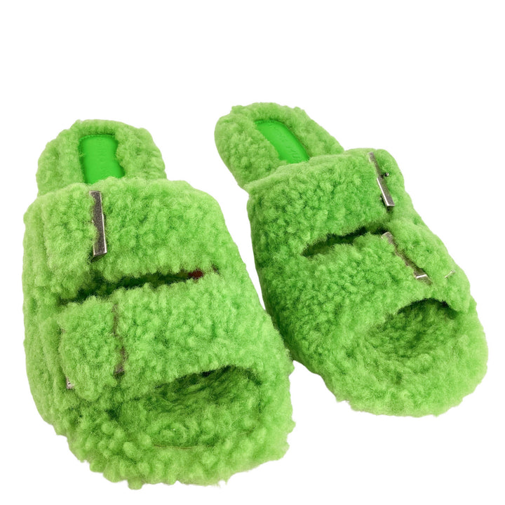 Amina Muaddi Millie Shearling Heels in Fluorescent Green - Discounts on Amina Muaddi at UAL