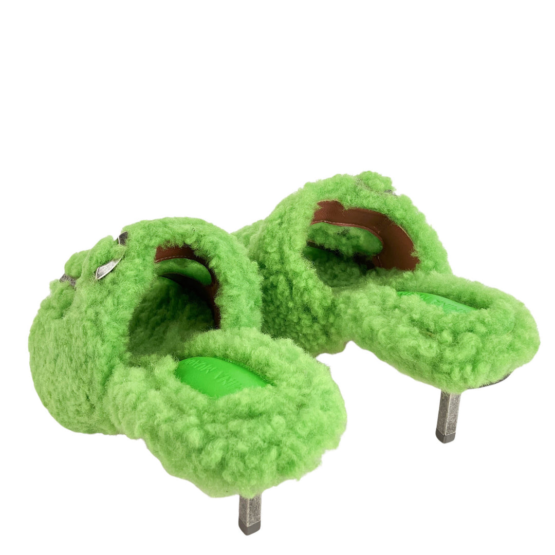 Amina Muaddi Millie Shearling Heels in Fluorescent Green - Discounts on Amina Muaddi at UAL