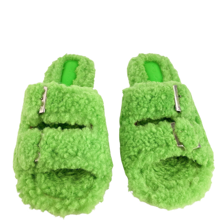Amina Muaddi Millie Shearling Heels in Fluorescent Green - Discounts on Amina Muaddi at UAL