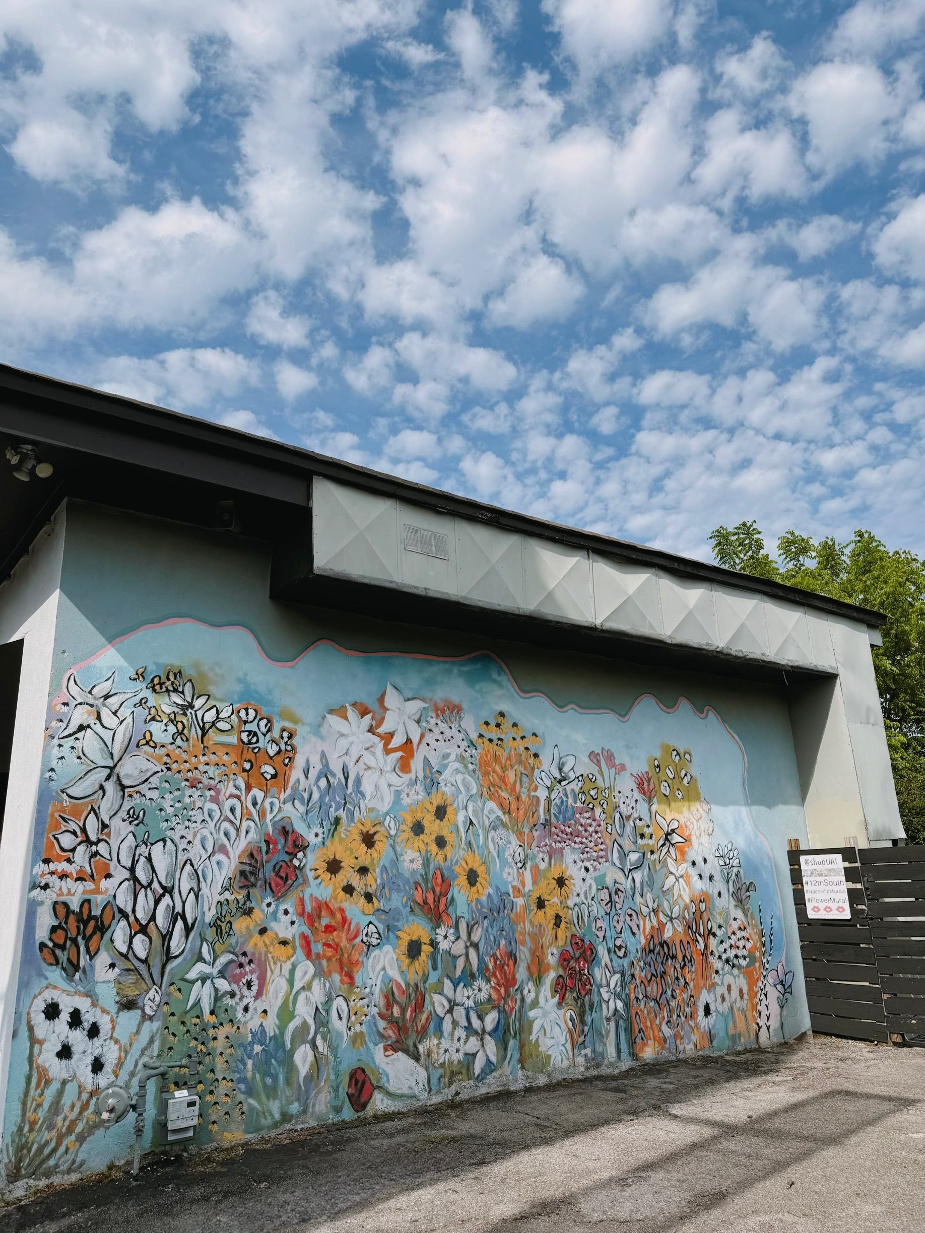 painted mural on the side of a building that features flowers of different colors and sizes