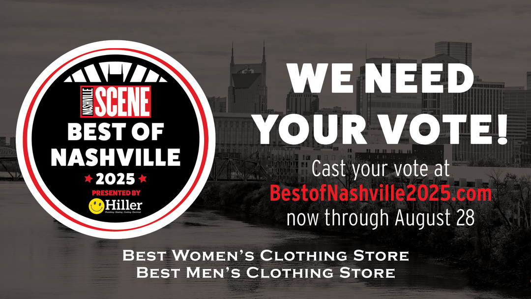 Promotional graphic for 'Best of Nashville 2025' voting campaign with cityscape background. UAL wants your vote for best women's clothing store and best men's clothing store.